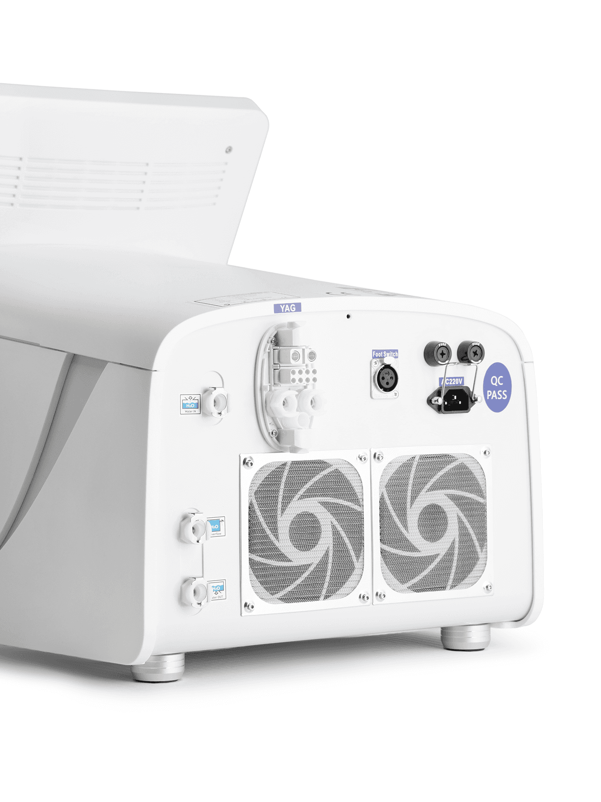 Modestic Ultra — rear panel: YAG connector, foot switch, AC 220 V power, cooling system