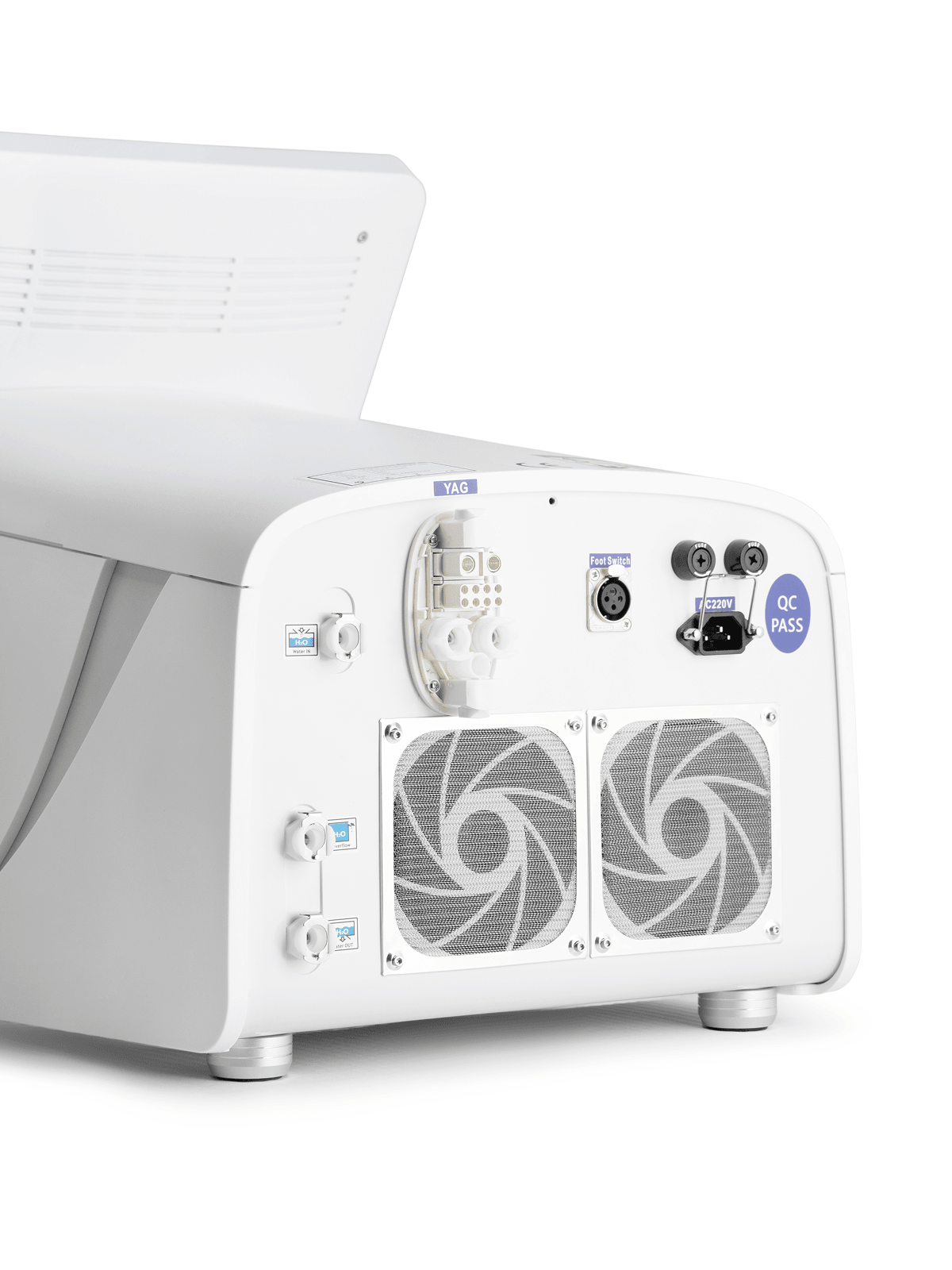 Modestic Ultra — panel tylny: złącze YAG, foot switch, zasilanie AC 220 V, układ chłodzenia