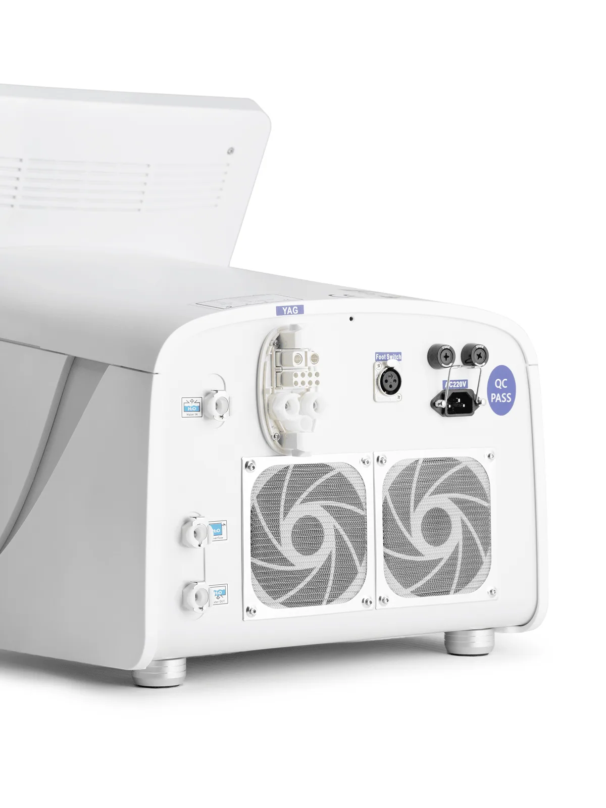 Modestic Ultra, panel tylny: złącze YAG, foot switch, zasilanie AC 220 V, układ chłodzenia